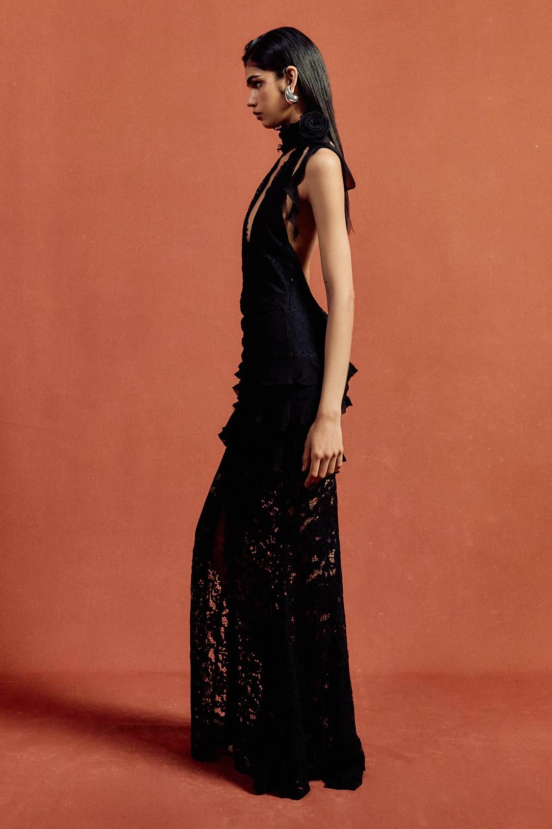 3D Flower Lace Frill Maxi Dress