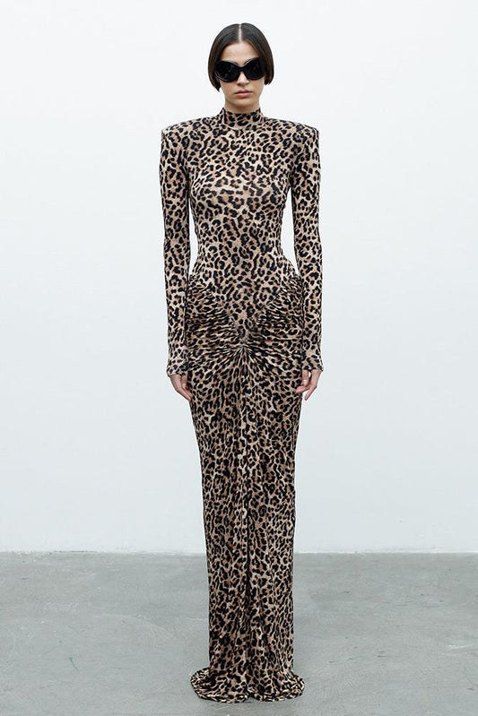 Animal Print Long Sleeve Gathering Maxi Dress