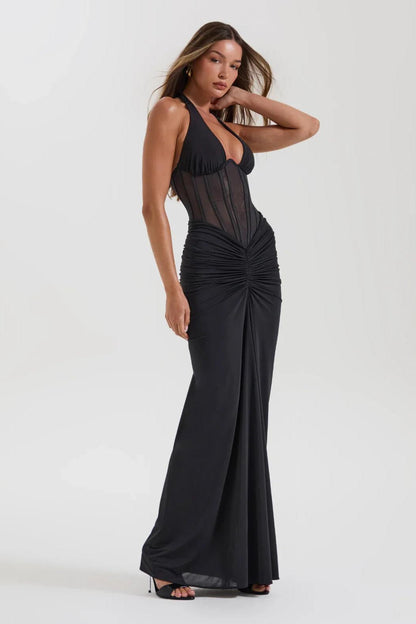 Halter Neck Mesh Corset Ruched Maxi Dress