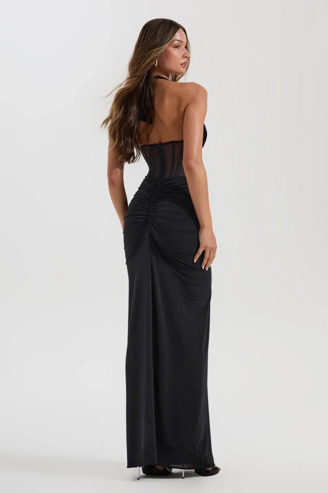 Halter Neck Mesh Corset Ruched Maxi Dress