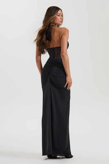 Halter Neck Mesh Corset Ruched Maxi Dress