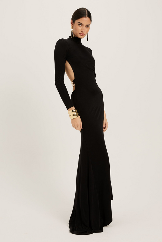 Backless Metal Decorations Long Sleeve Maxi Dress