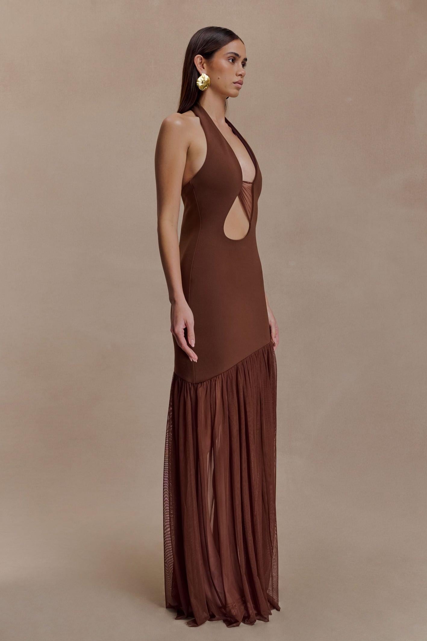 Jersey Splicing Mesh Halter Neck Cut-Out Maxi Dress