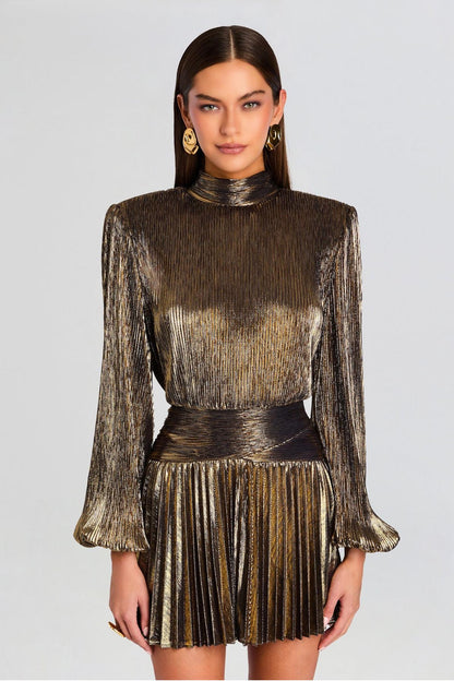 Metallic Fabric Pleated  Stand Collar Mini Dress
