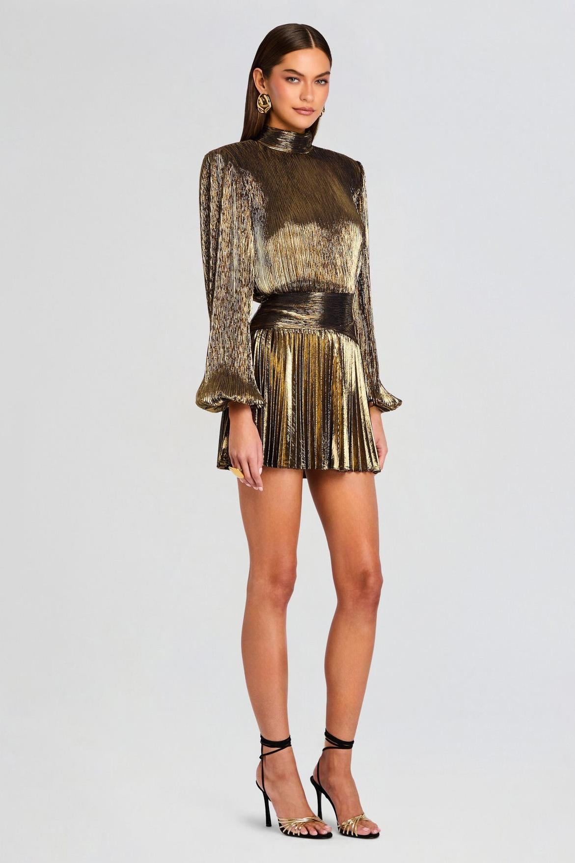 Metallic Fabric Pleated  Stand Collar Mini Dress