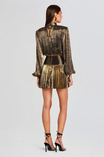 Metallic Fabric Pleated  Stand Collar Mini Dress
