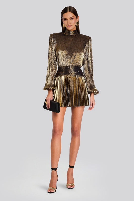 Metallic Fabric Pleated  Stand Collar Mini Dress