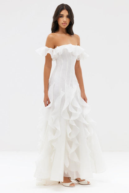 Chiffon Off-Shoulder Frill Maxi Dress