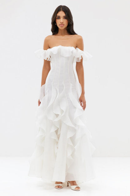 Chiffon Off-Shoulder Frill Maxi Dress