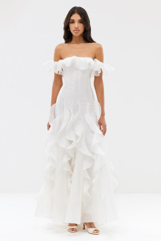 Chiffon Off-Shoulder Frill Maxi Dress