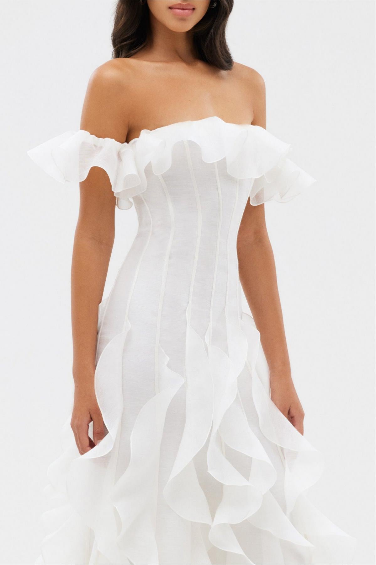 Chiffon Off-Shoulder Frill Maxi Dress