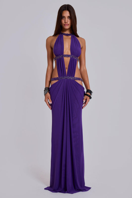 Mesh Cut-Out Rhinestone Maxi Dress