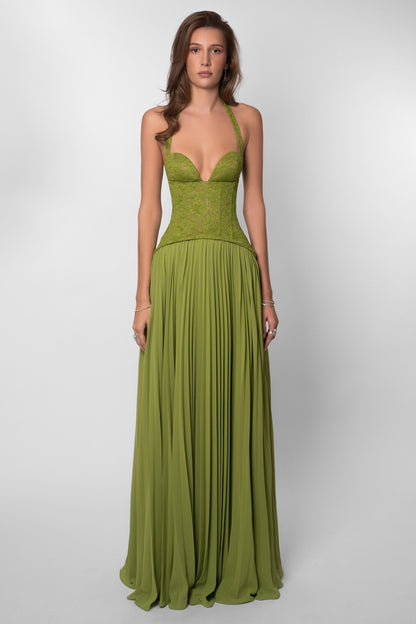 Sweetheart Neck Lace Splicing Chiffon Pleated Maxi Dress