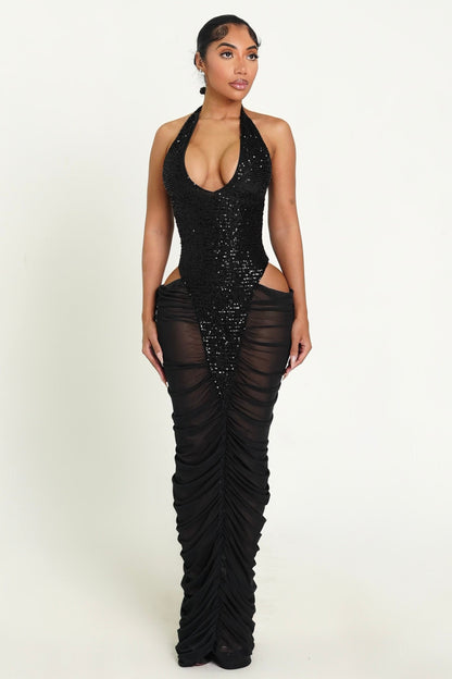 Sequin Splicing Mesh Cut-Out Maxi Dress