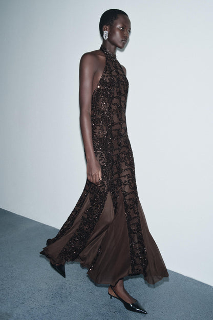 Sequin Sleeveless Halter Neck Maxi Dress