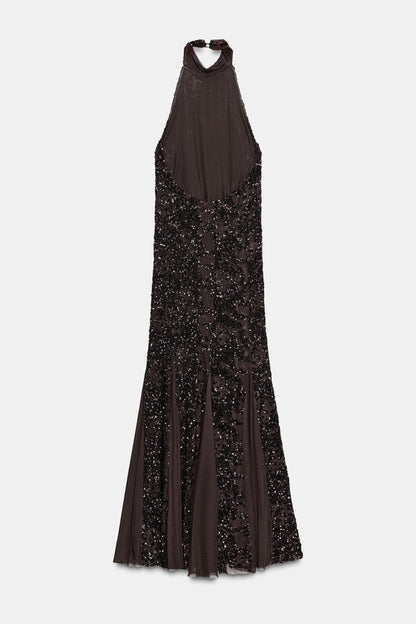 Sequin Sleeveless Halter Neck Maxi Dress