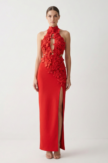 Bandage Halter Neck 3D Flower Maxi Dress