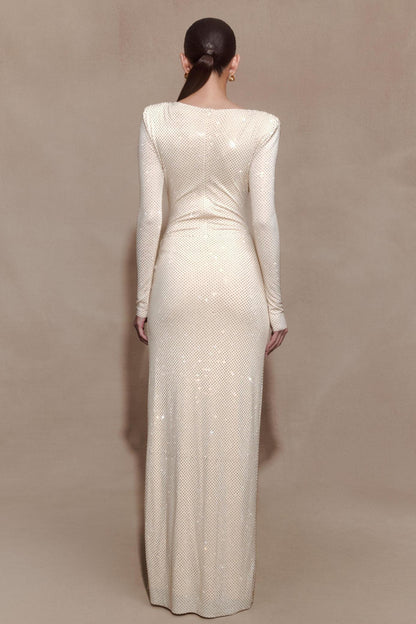 Rhinestone Long Sleeve Slit Maxi Dress