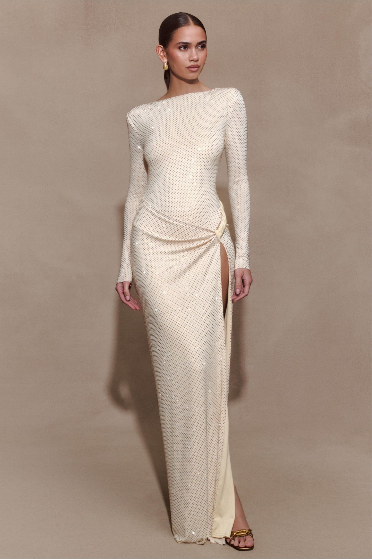 Rhinestone Long Sleeve Slit Maxi Dress