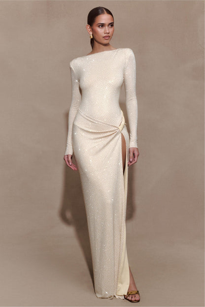 Rhinestone Long Sleeve Slit Maxi Dress