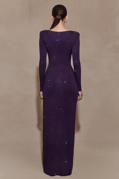 Rhinestone Long Sleeve Slit Maxi Dress