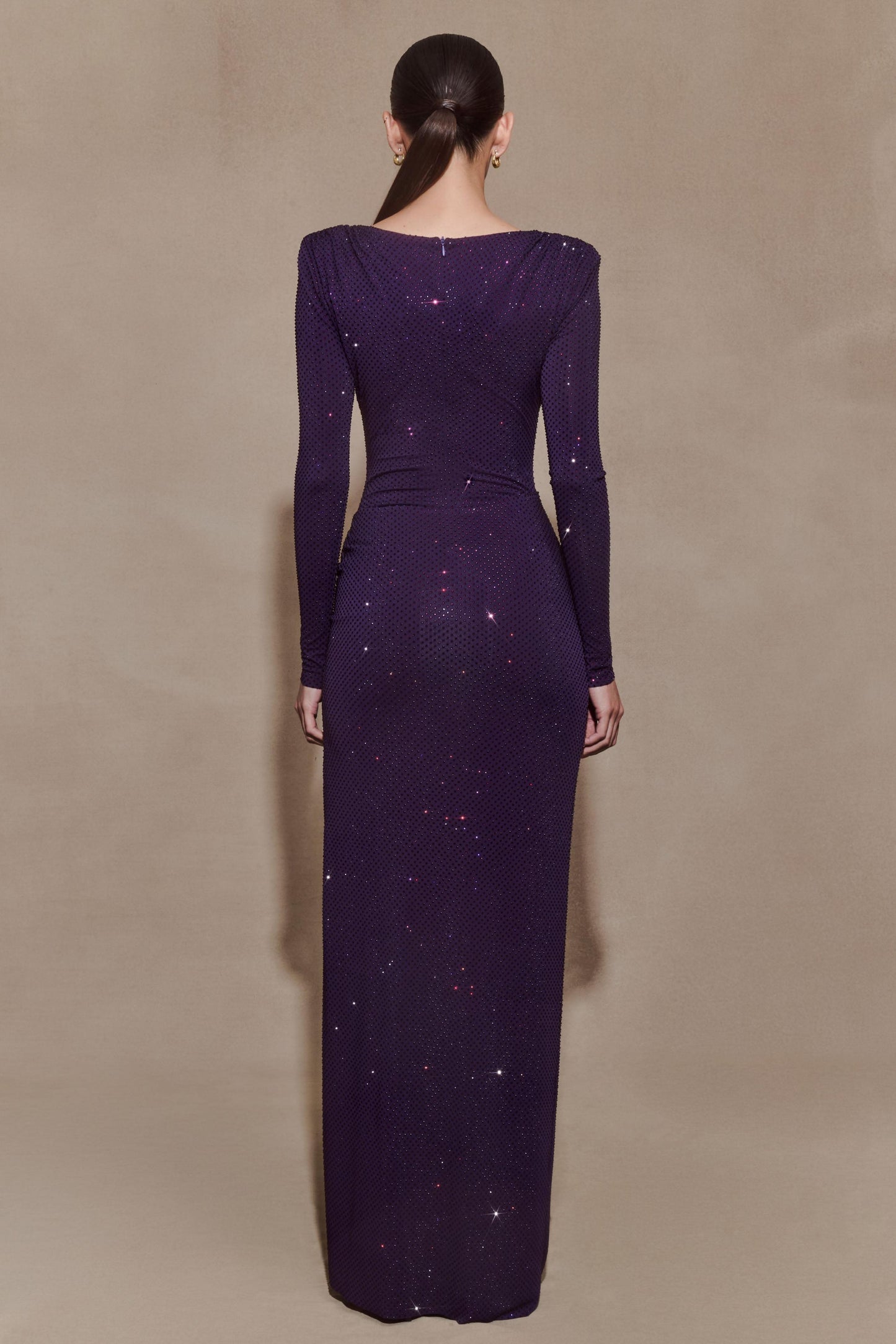 Rhinestone Long Sleeve Slit Maxi Dress