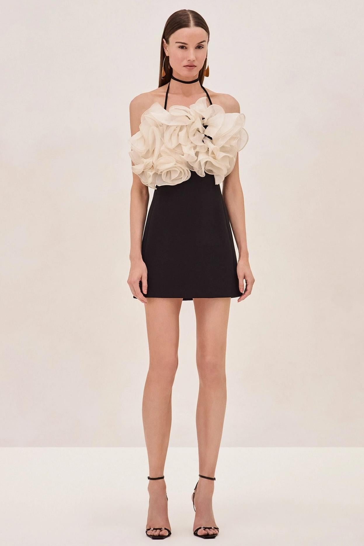 Contrast Color Ruffle Halter Neck Mini Dress