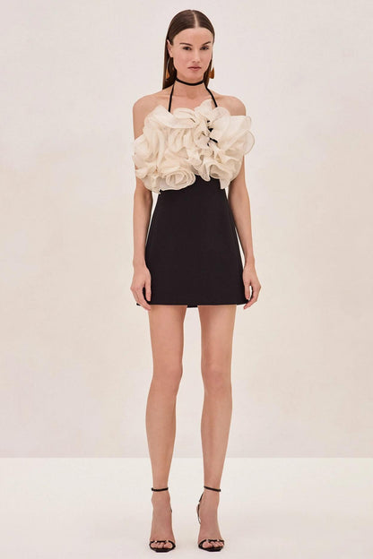Contrast Color Ruffle Halter Neck Mini Dress