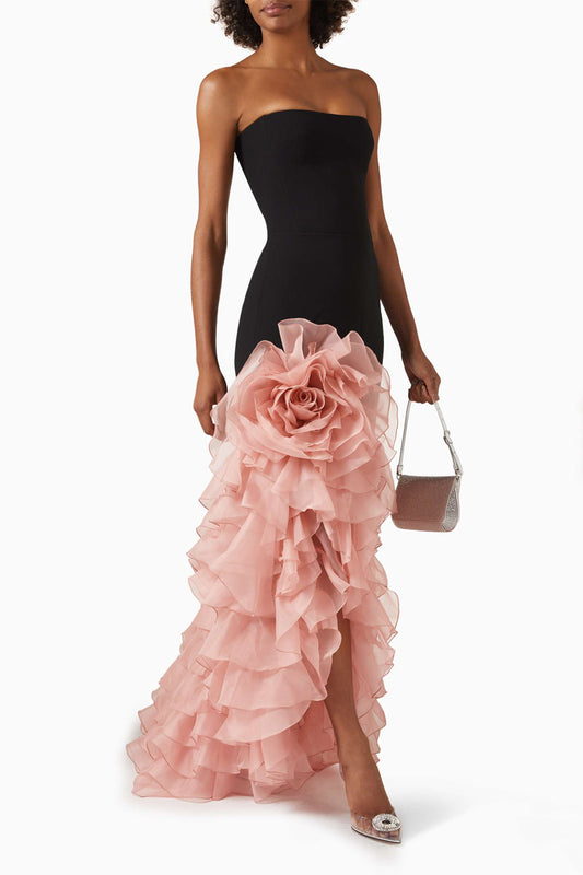 3D Flower Off-Shoulder Frill Maxi Dress