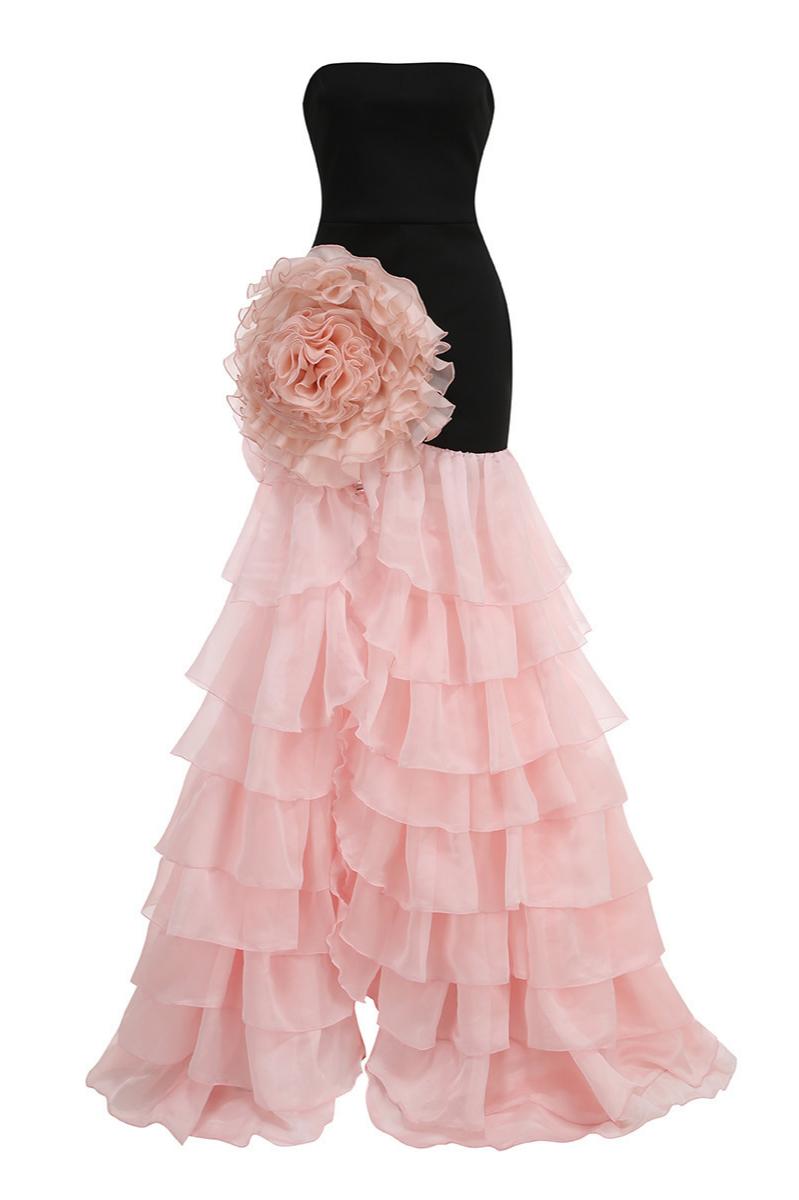 3D Flower Off-Shoulder Frill Maxi Dress