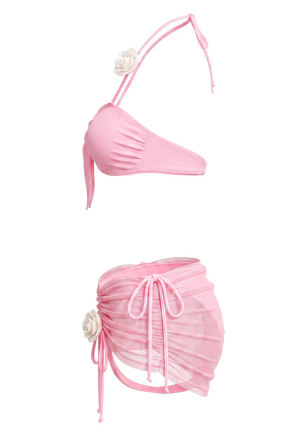 3D Flower Tie-Up Shirring Bikini Three Piece Set