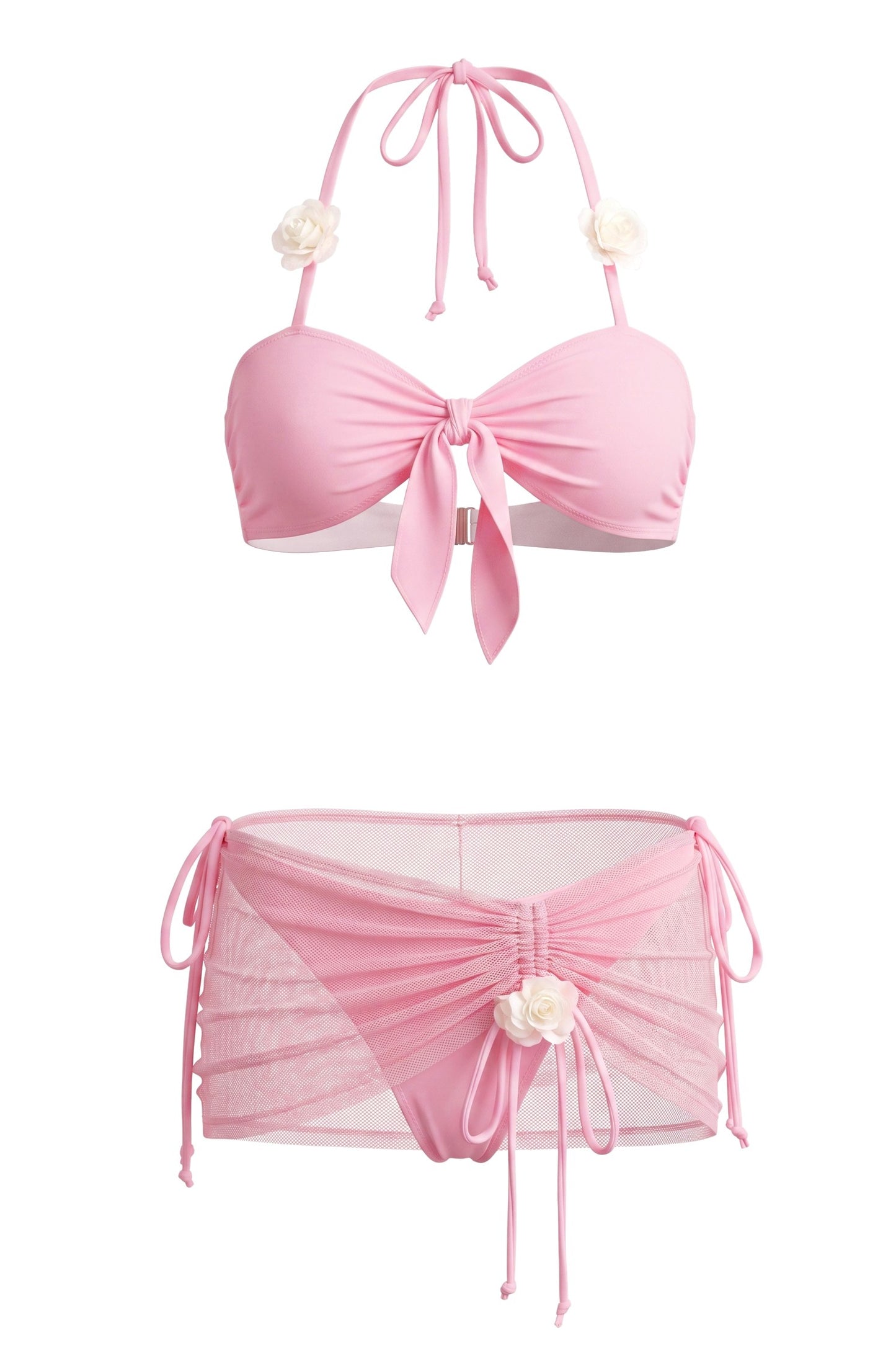 3D Flower Tie-Up Shirring Bikini Three Piece Set