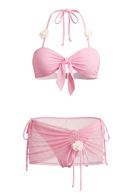 3D Flower Tie-Up Shirring Bikini Three Piece Set