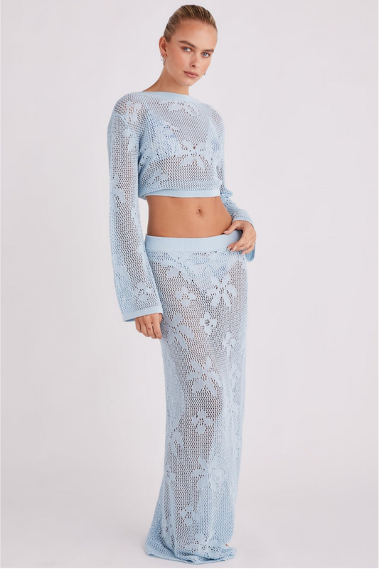 Crochet Tie-Up See-Through & Mid Waist Maxi Skirt Set