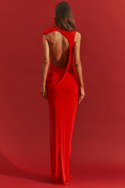 Solid Stand Collar Backless Maxi Dress