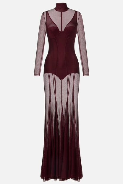 Mesh Bodysuit & See-Through Stand Collar Maxi Dress Two Piece Set