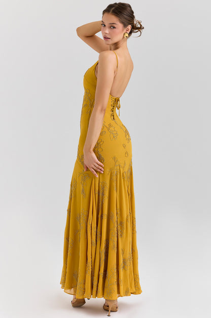 Sequin Embroidered Square Collar Slip Maxi Dress