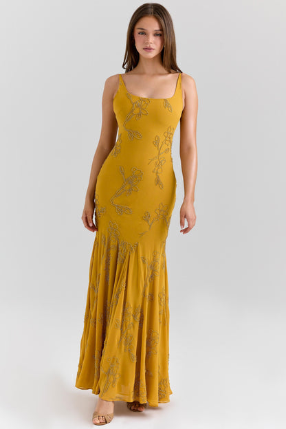 Sequin Embroidered Square Collar Slip Maxi Dress
