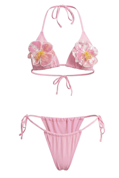 Sequin Beaded Flower Tie-Up Bikini Two Piece Set