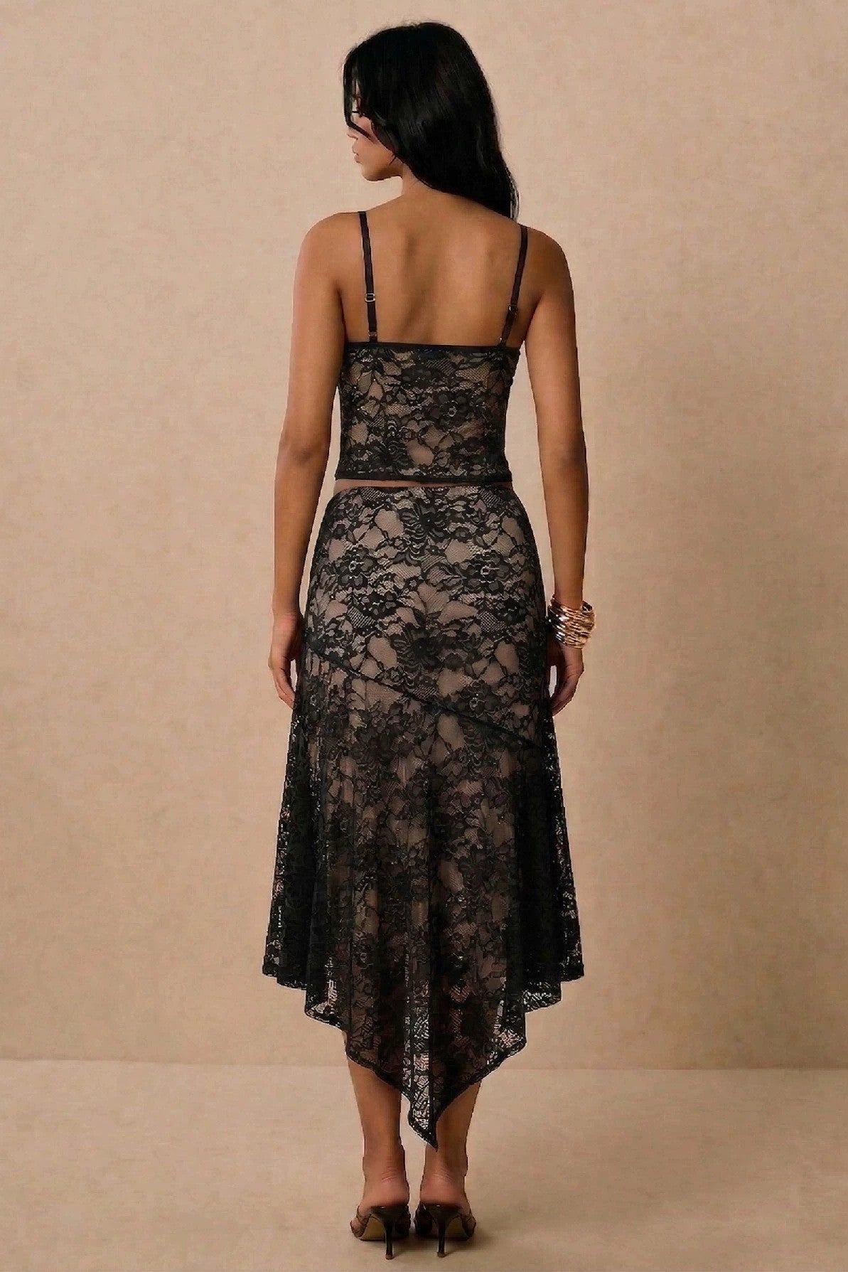 Lace Slip Slit Top & Low Waist Ruffle Midi Skirt Set