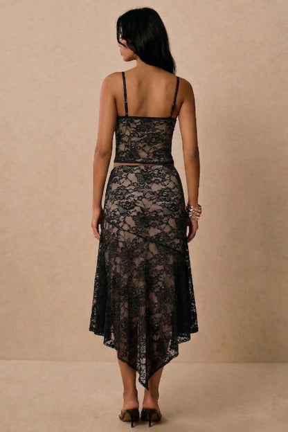 Lace Slip Slit Top & Low Waist Ruffle Midi Skirt Set