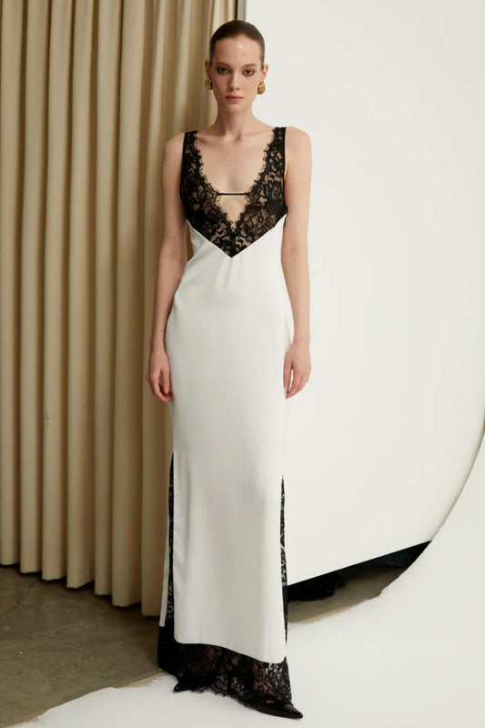 Contrast Color Bandage Splicing Lace Maxi Dress