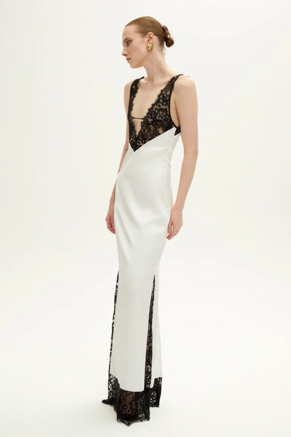 Contrast Color Bandage Splicing Lace Maxi Dress