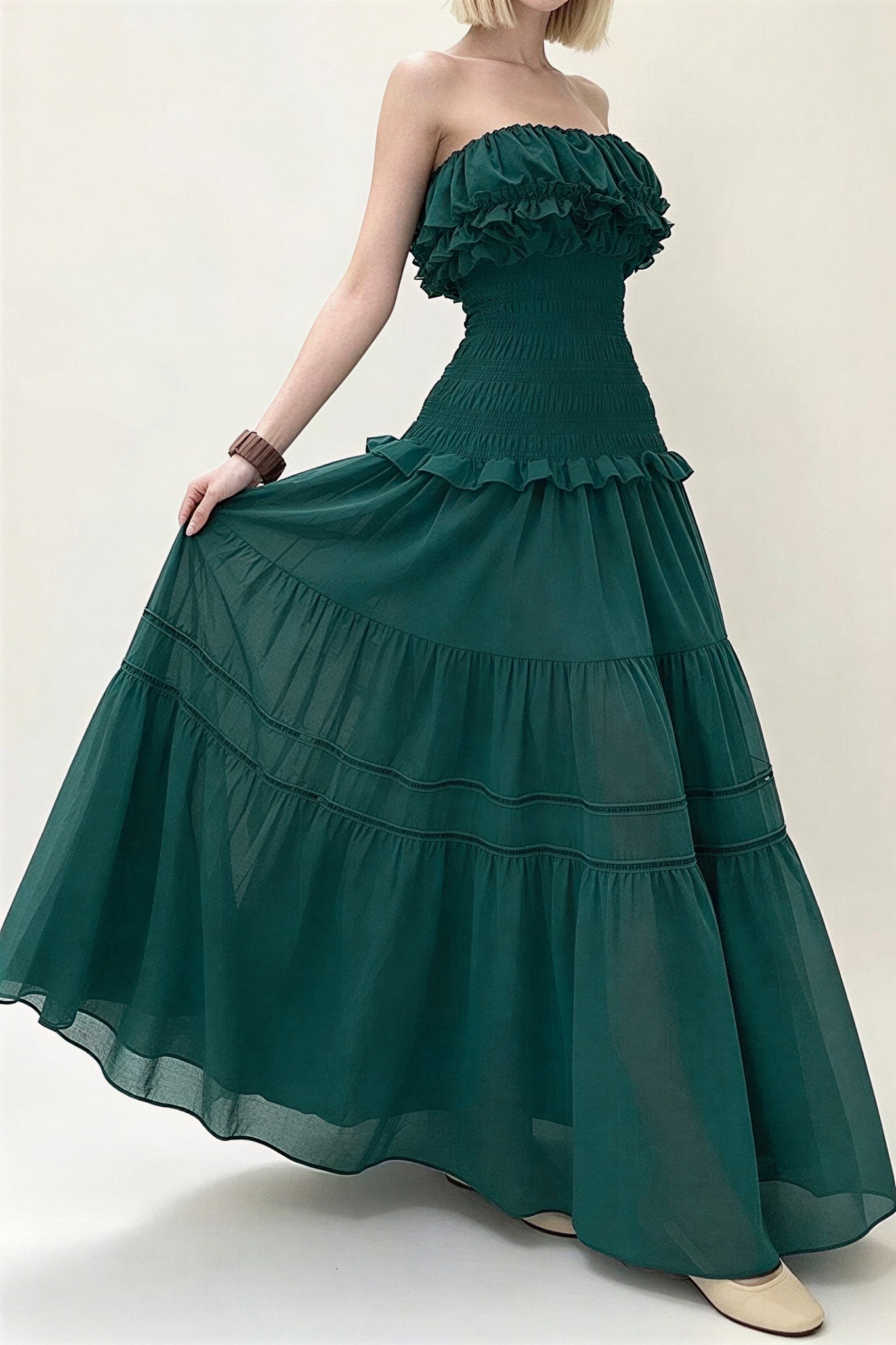 Chiffon Smocking Ruffle Maxi Dress