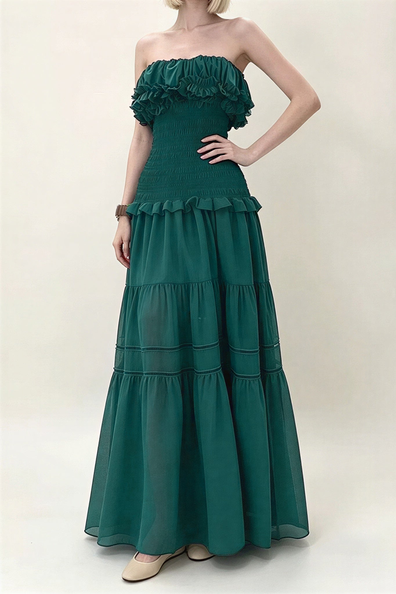 Chiffon Smocking Ruffle Maxi Dress