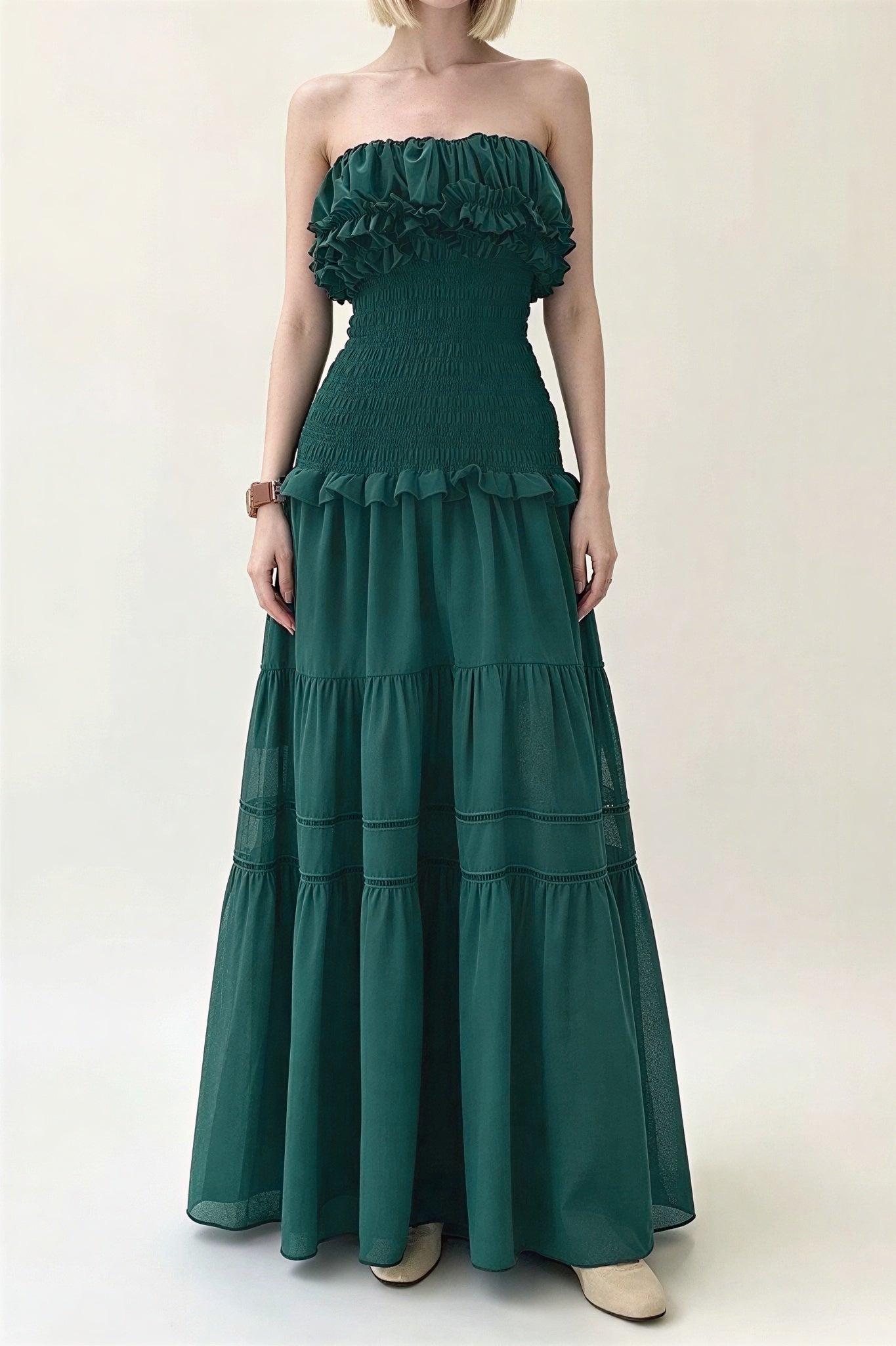 Chiffon Smocking Ruffle Maxi Dress