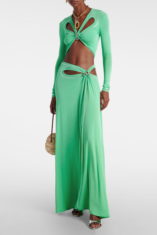Jersey Metal Decorations Cut-Out Top & Low Waist Maxi Skirt Set