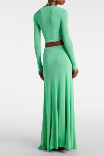 Jersey Metal Decorations Cut-Out Top & Low Waist Maxi Skirt Set