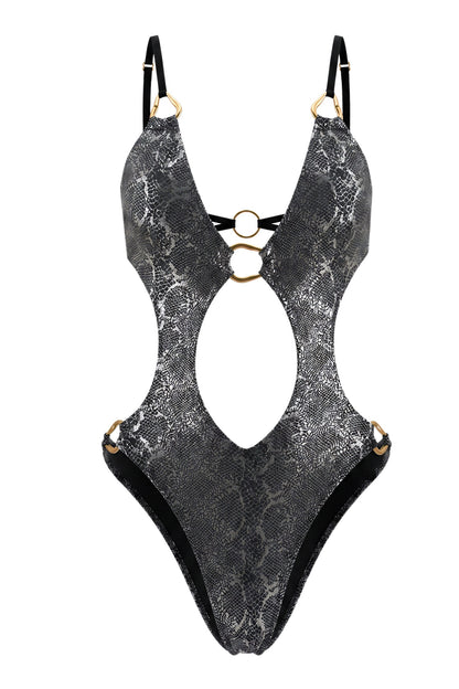 Silver Foil Halter Neck One Piece Swimsuit