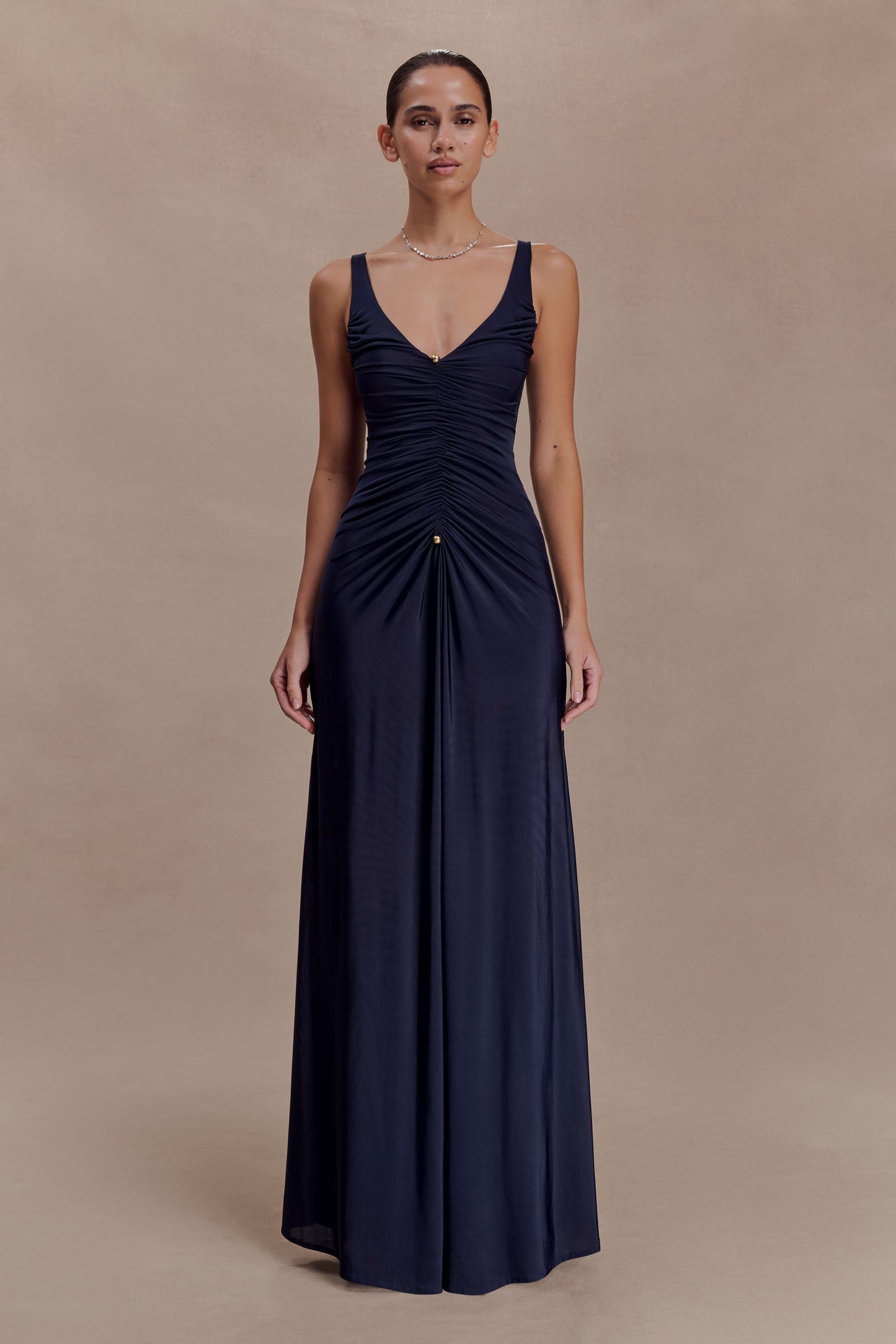 Jersey V-Neck Gathering Maxi Dress